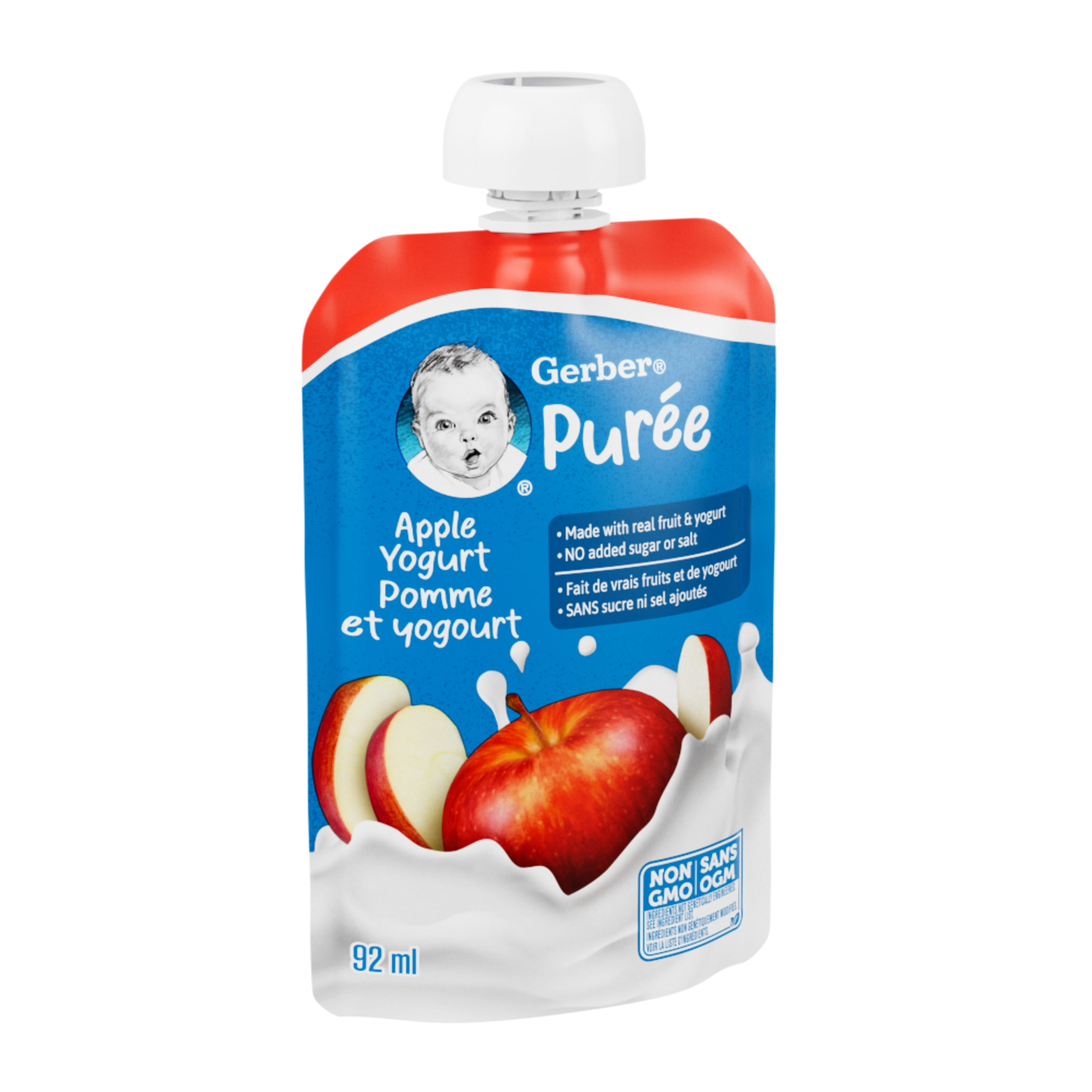 GERBER Purée Pommes et Yogourt, Faite avec de Vrais Fruits et du Yogourt, pour Bébés et Tout-Petits, Sans Sucre Ajouté, Sans Sel Ajouté, non-OGM, Sachet Refermable avec Bec 92ml