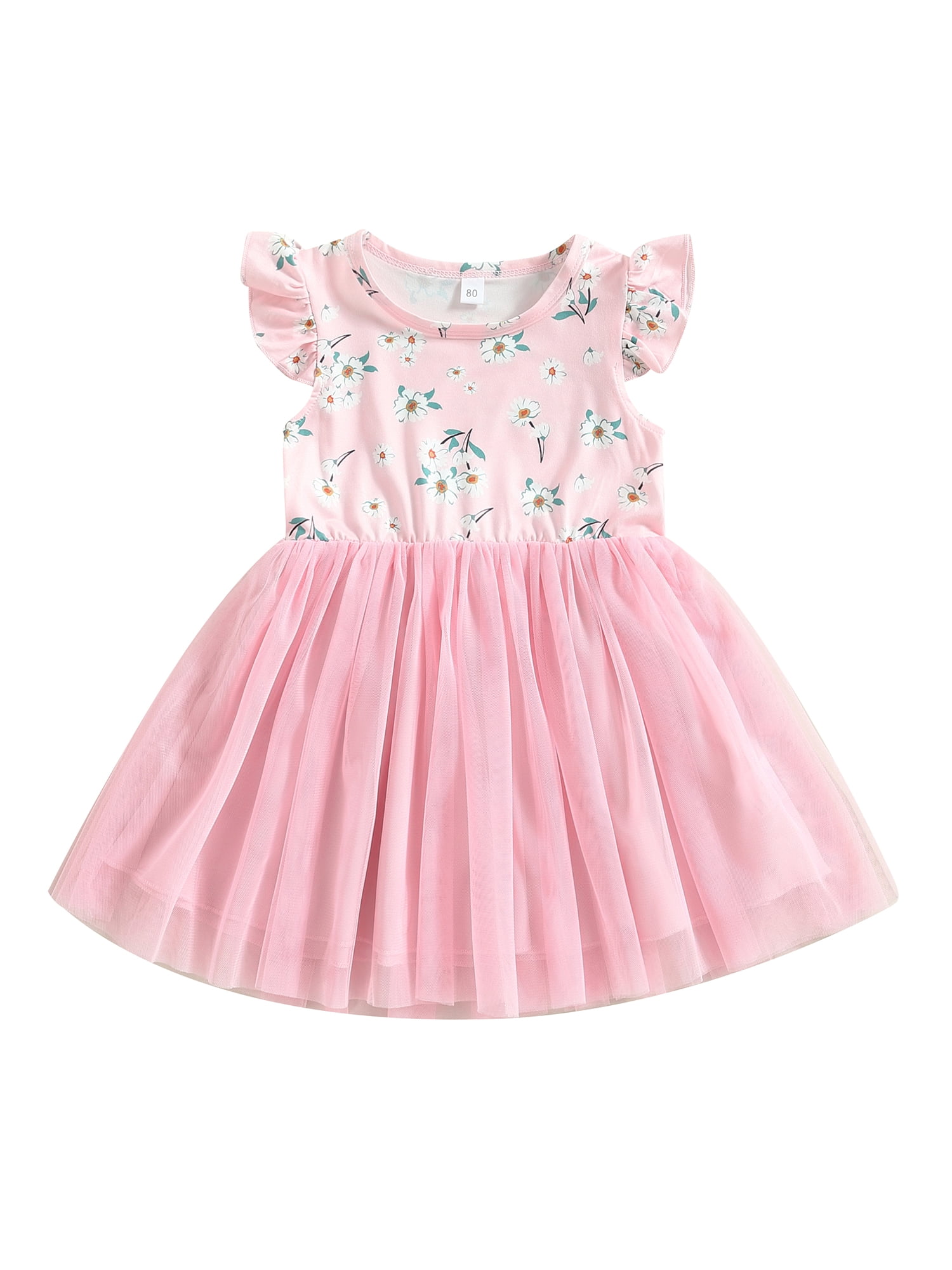 Kmbangi Robe Patchwork en Tulle à Imprimé Floral, Manches Volantées, Col Ras du Cou, Coupe Trapèze, pour Bébé, Enfants, Filles, Été, 1-5 Ans