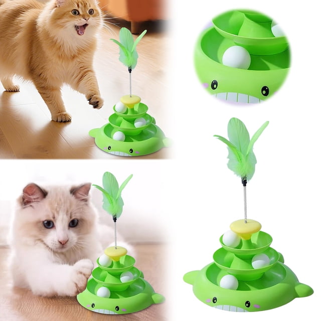 Interactive Cat Tower Toy with Detachable Tracks and Exercise Puzzle Featuring Teasing Feather for Indoor