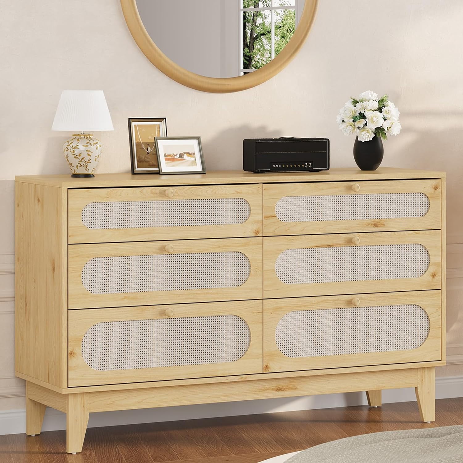 Rattan Dresser for Bedroom, 6 Drawers Dresser for Closet, Chests of Drawers, Oak Storage Dressers Cabinet for Bedroom, Living Room, Entryway, Hallway, Oak