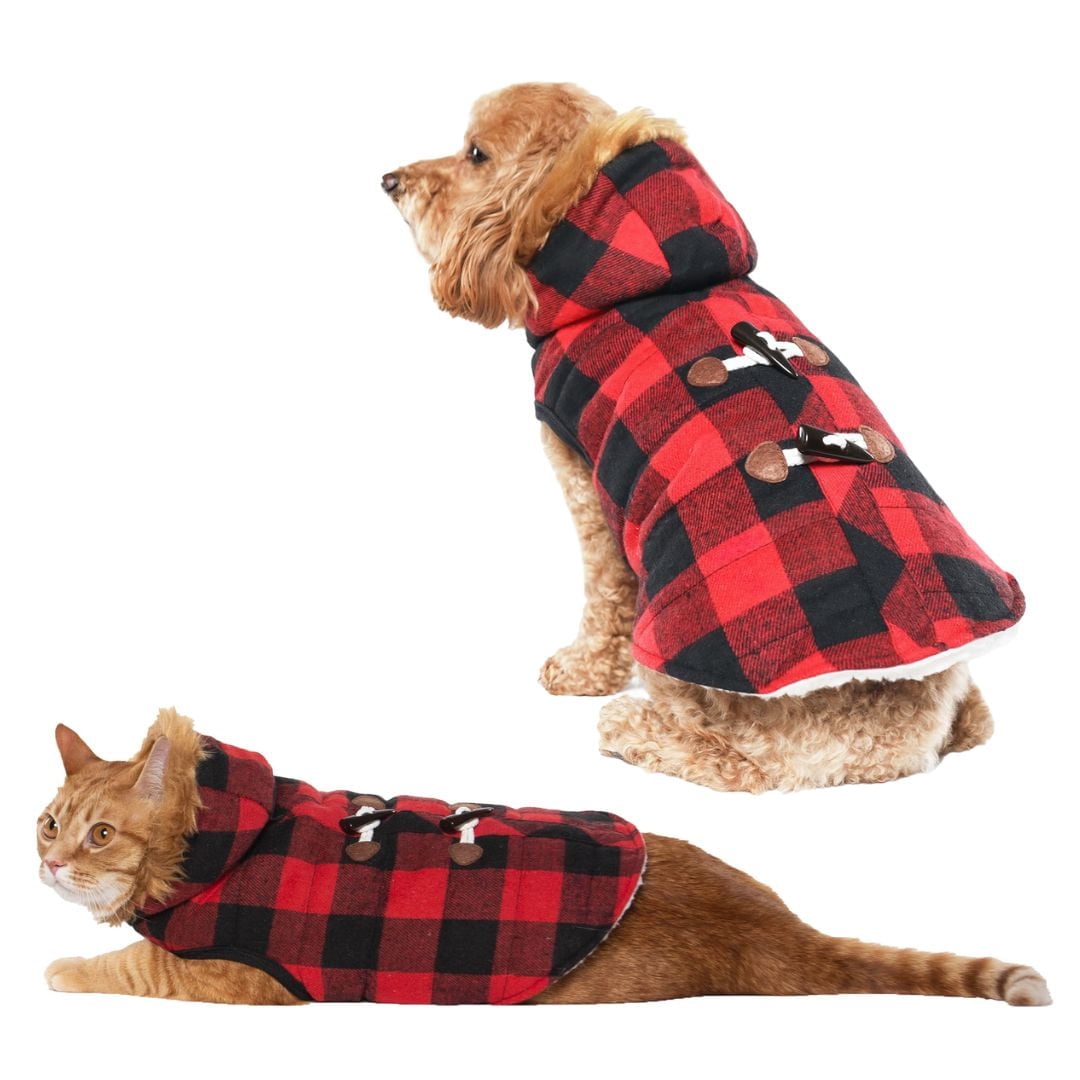 Holiday Time Vêtements pour chiens: Veste à capuche pour l'automne et l'hiver, tissu écossais rouge et noir, taille XS-XL