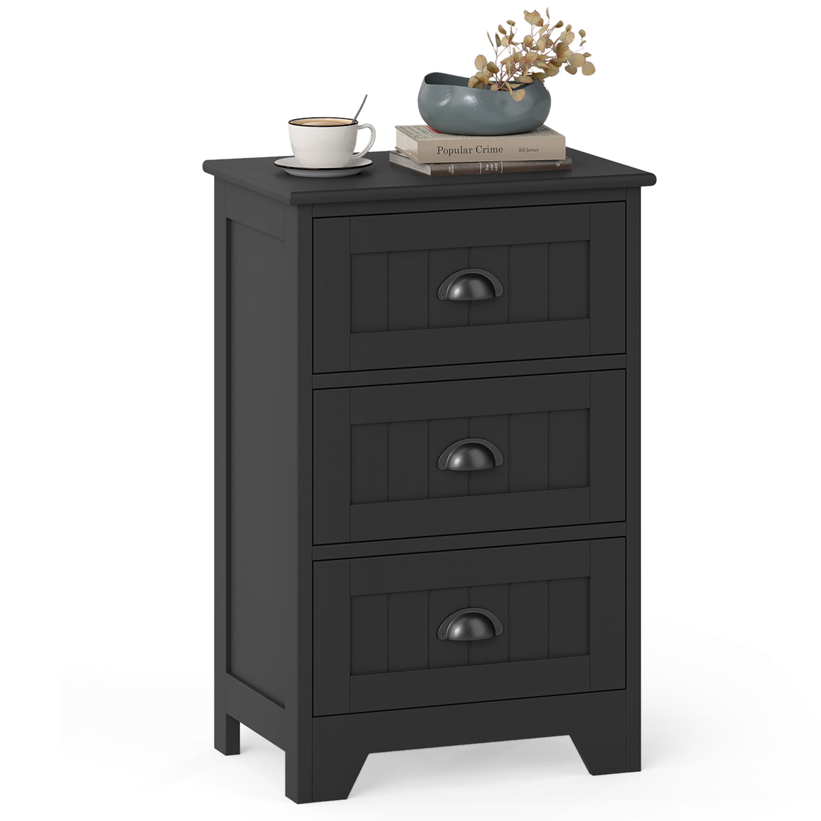 Gymax 3 Drawers Nightstand End Table Storage Wood Side Bedside Black