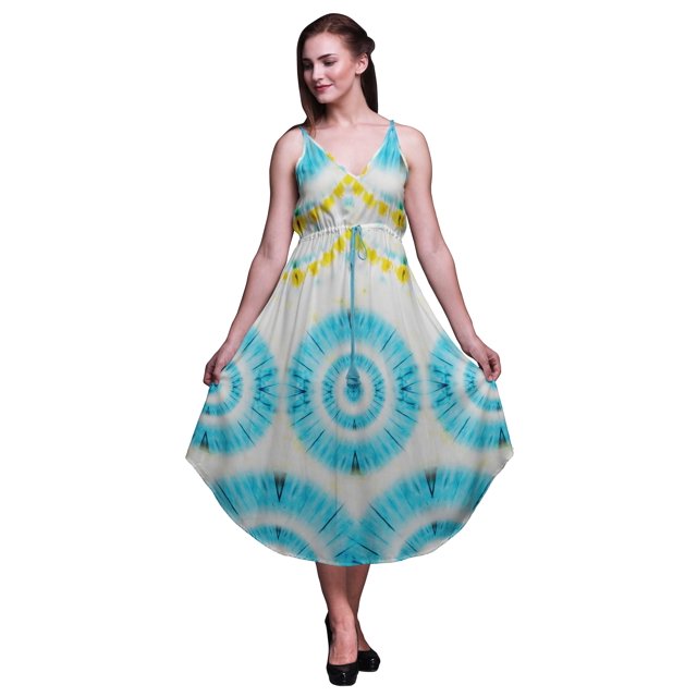 Bimba Tie-Dye Ladies Printed Resort Midi Drawstring Dress Spaghetti Strap Beach Wear-XXX-Large