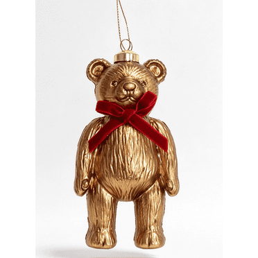 Holiday Time, Gold Bear With Red Bow Ornament , 4.5in