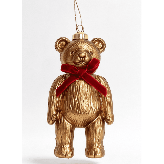 Holiday Time, Gold Bear With Red Bow Ornament , 4.5in