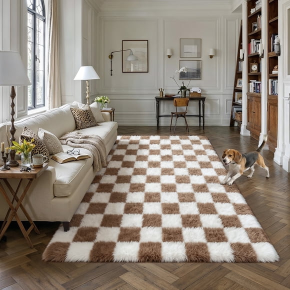 BERTHMEER 6'x9' Shag Area Rugs for Living Room Bedroom Contemporary Fuzzy Geometric Modern Fluffy Plush Washable Indoor Rugs Carpets Tapis,Brown White