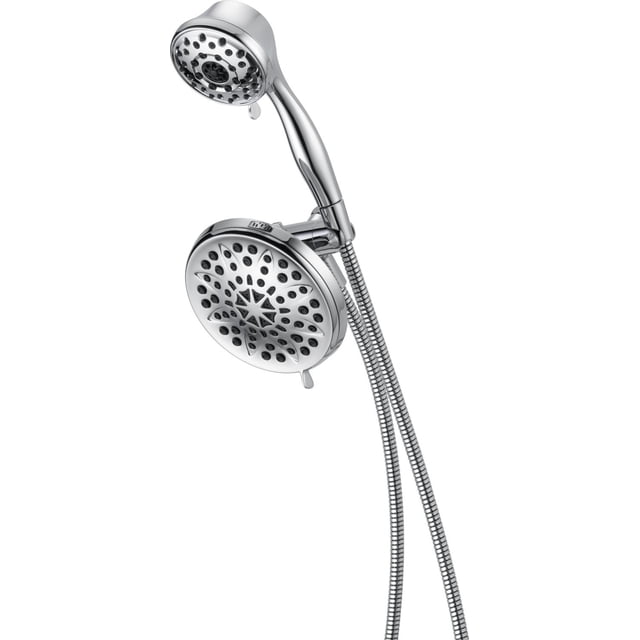 Peerless Ensemble Combiné de Douche à 6 Réglages en chrome avec une Grande Pomme de Douche Fixe et une Petite Pomme de Douche à Main Connectée par un Tuyau Métallique flexible de 60 Pouces, Dotés de Multiples Buses de Pulvérisation avec Trous de Pulvérisation en Caoutchouc Souple à Nettoyage Tactile pour un Nettoyage Facile et six Réglages de Pulvérisation Incluant massage et pause.