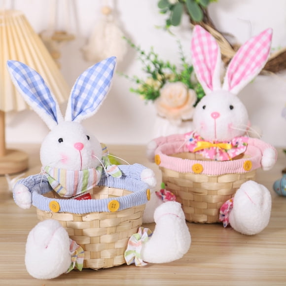 Lksixu Easter Bunny Basket, Small Easter Wicker Woven Basket with Stuffed Bunny Plush, Handmade Snack Candy Storage Basket Easter Eggs Hunt Holder Rabbit Decorative Basket for Kids Party Holiday