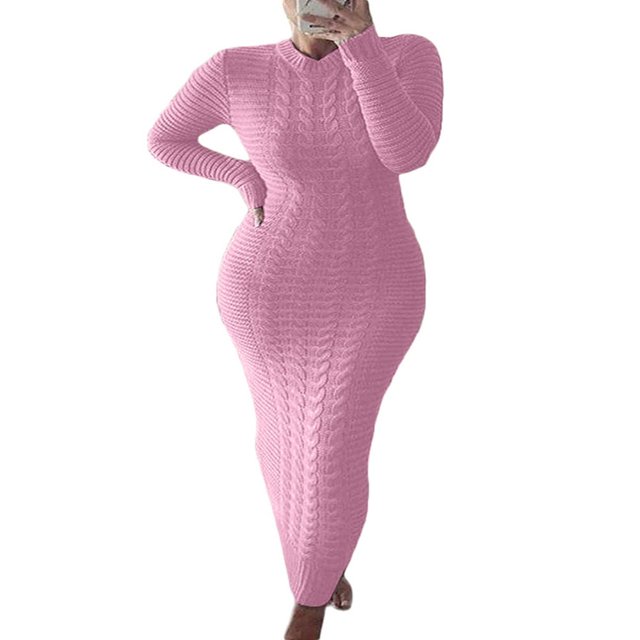 Robe Tricotée à Manches Longues pour Femmes Motif Crochet Unie Côtelée Robe Décontractée