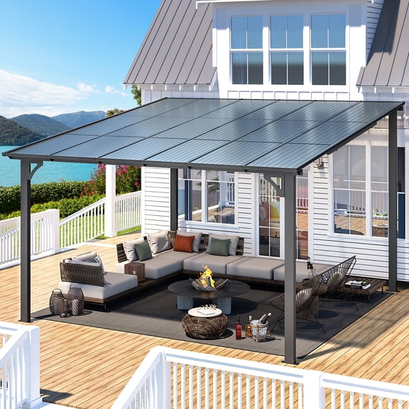 AECOJOY Gazebo 3,66 m x 3,66 m, Pergola Extérieure en Aluminium Étanche pour Jardin, Belvédère Mural à Toit Rigide Gris (en Promotion)