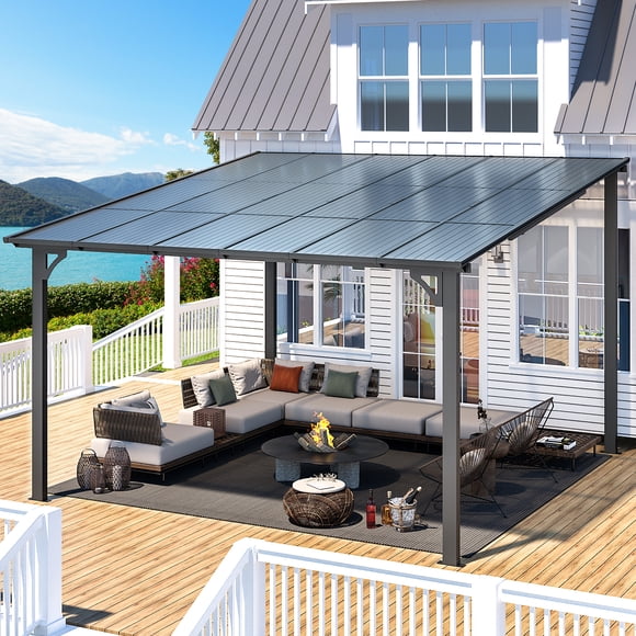 AECOJOY 12' x 12' FT Gazebo, Outdoor Waterproof Aluminum Pergola For Garden, Wall Mounted Patio Hard Top Gazebo Clearance in Grey