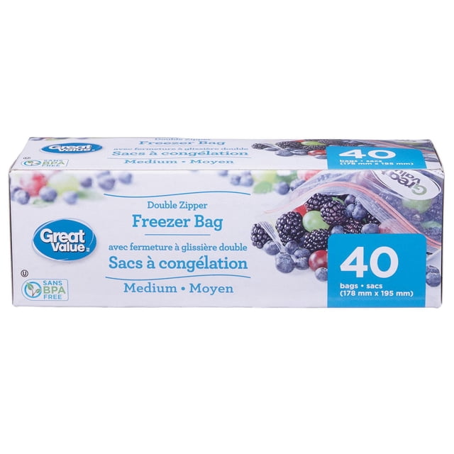 Great Value Medium Double Zipper Freezer Bags box containing 40 BPA-free bags measuring 178 mm by 195 mm, with bilingual English and French text and an image of a clear freezer bag filled with mixed berries including blackberries, blueberries, and grapes, suitable for freezer food storage.