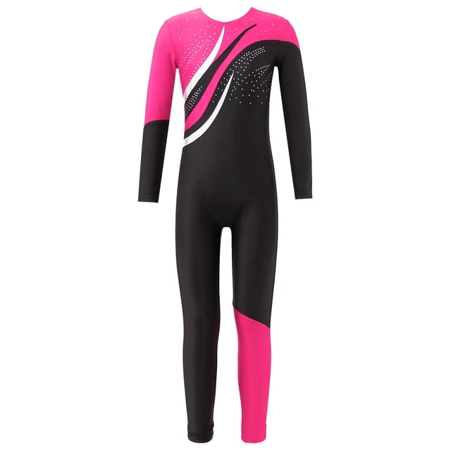 Runhomal Combinaison Athlétique à Manches Longues en Strass pour Filles, Rose Vif 6