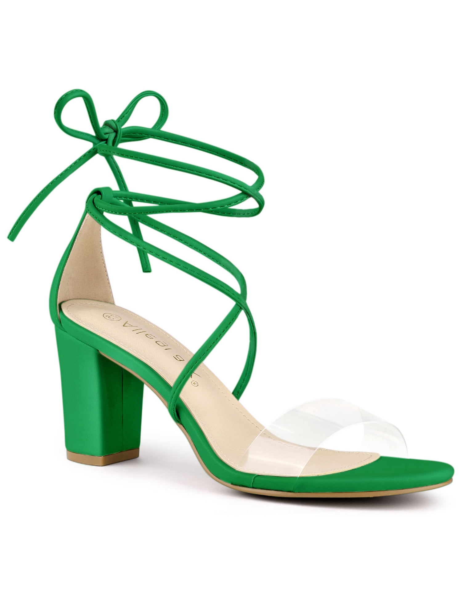 BLISSFUL STEP Chaussures pour Femmes à Bride Transparente à Lacets à Bout Ouvert Sandales Habillées à Talon Épais Vert 7