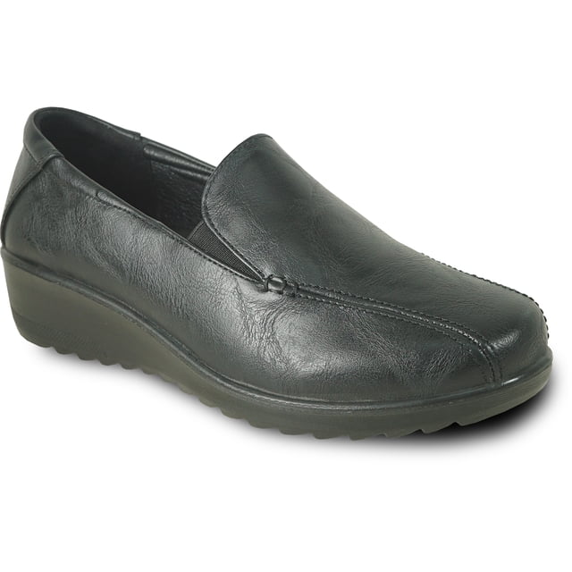 Kozi Soulier Mocassin Décontracté Confortable pour Femmes à Enfiler OY5319 avec Bout Rond Moc et Goussets Doubles Noirs