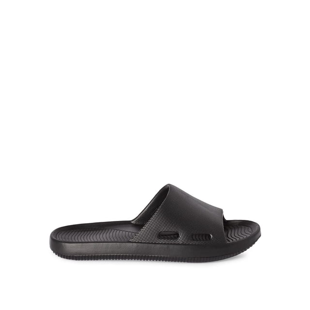 George Women's Slides in black synthetic upper and outsole with an open-toe design, wide strap featuring ventilation holes, and a textured footbed for grip, shown in side profile on a white background, ideal for casual and poolside wear.