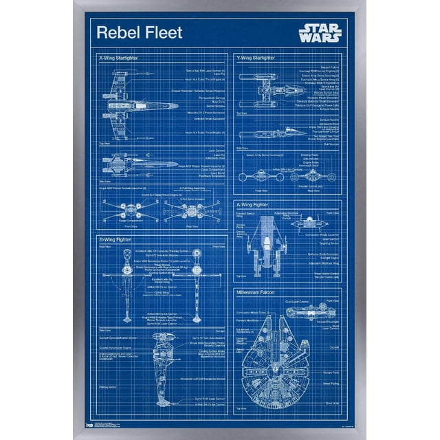 Star Wars : Saga - Affiche Murale de Plan Rebelle, 22,375 Po x 34 Po Présentant des Schémas Techniques Détaillés de Vaisseaux de la Flotte Rebelle Incluant des Chasseurs X-Wing, Y-Wing, B-Wing, A-Wing et Millennium Falcon avec des Lignes de Plan Blanches et des annotations sur un Fond Bleu Lustré, Convenant à la Décoration Murale et à l'Exposition d'Art pour la Maison.