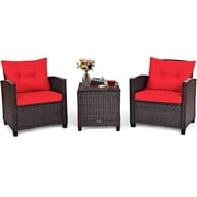 Giantex 3 Pieces Patio Furniture Set, PE Rattan Wicker 3 Pcs Outdoor Sofa Set w/Washable Cushion and Tempered Glass Tabletop, Conversation Furniture for Garden Poolside Balcony (Red))