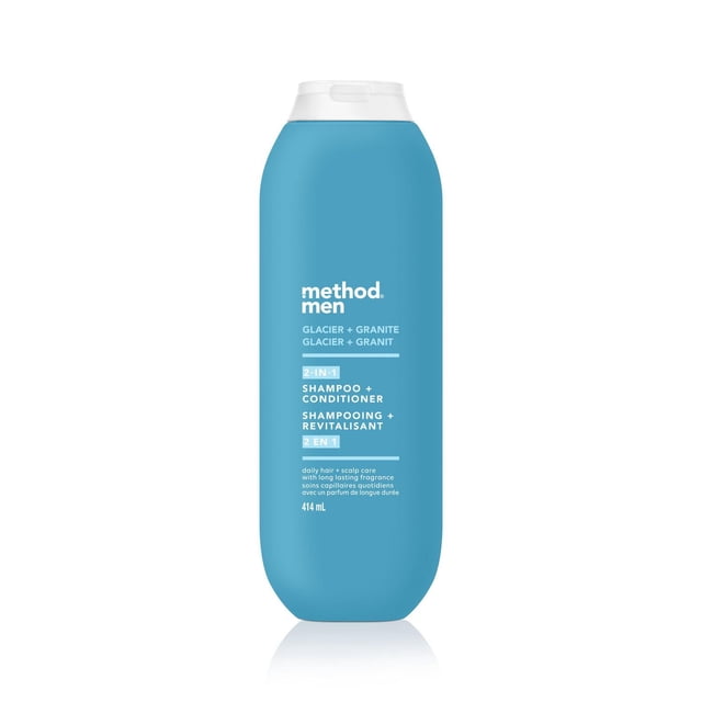 Method Men's Shampoo Glacier Granite 2-in-1 shampoo and conditioner in a 414 mL blue bottle with white flip cap, formulated to clean and hydrate hair and scalp with arctic mountain scent, ideal for daily use and freshening hair.