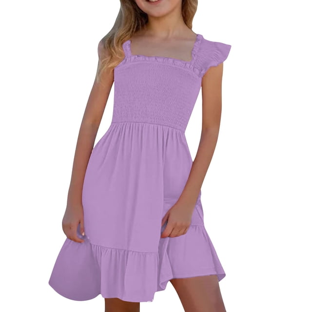 MIASHUI Robe Décontractée pour Filles Été Col Carré Sans Manches Robe d'Été Fluide pour Enfants, Violet, 13-14 Ans