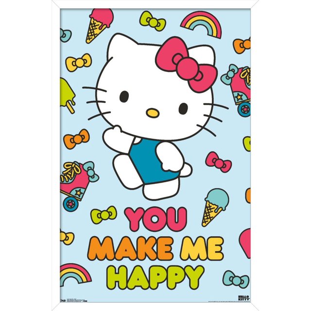 Hello Kitty - Happy Wall Poster, 22.375" x 34" featuring a front-facing Hello Kitty cartoon in a blue outfit and red bow, surrounded by colorful bows, ice cream cones, roller skates, and rainbows on a light blue background with the phrase 'YOU MAKE ME HAPPY' in red, orange, and yellow letters, printed on satin finish paper and framed in white, ideal for decorating bedrooms, kids' rooms, offices, or dorms, and often used to brighten party spaces.