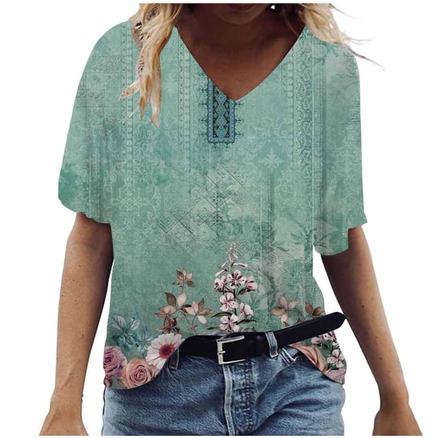 Birdeem T-Shirt à Col en V pour Femmes, Mode Décontractée, Grande Taille, Imprimé de Fleurs Pittoresques