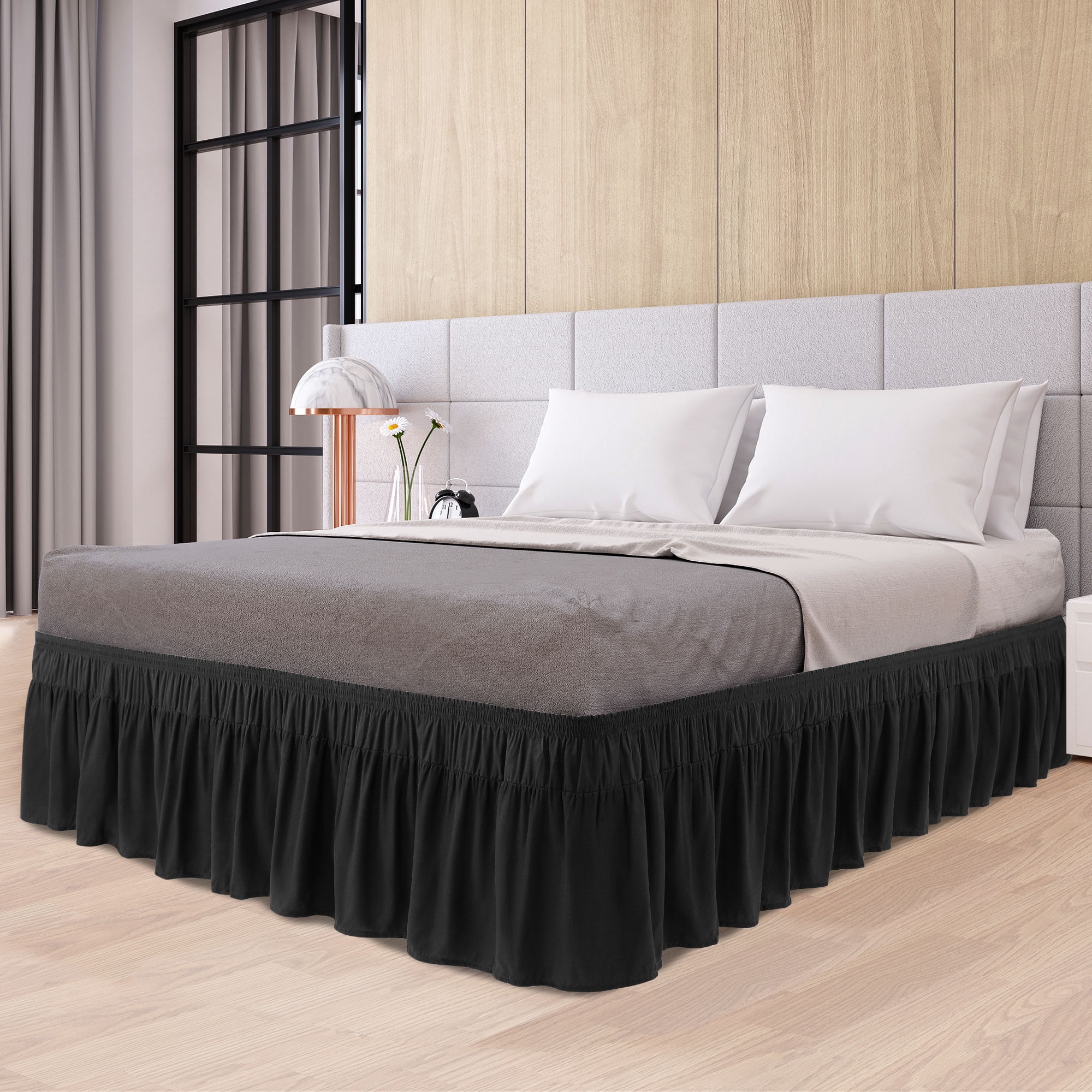 PiccoCasa Polyester Brushed Bed Skirt with Elastic Dust Ruffles 16" Drop, King Black