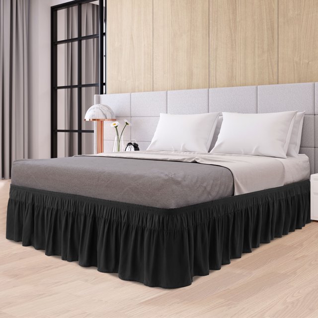 PiccoCasa Polyester Brushed Bed Skirt with Elastic Dust Ruffles 16" Drop, Full Black