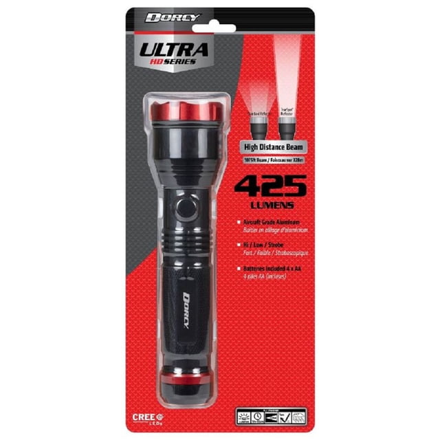 Dorcy Ultra HD Series Lampe de Poche en Aluminium de Qualité Aéronautique Noir et Rouge avec une Sortie de 425 lumens, avec Réglages Haut, Bas et Stroboscope, Incluant 4 Piles AA, et un Faisceau à Haute distance de 1075 Pieds (328 Mètres), Convient à la Préparation aux Urgences.