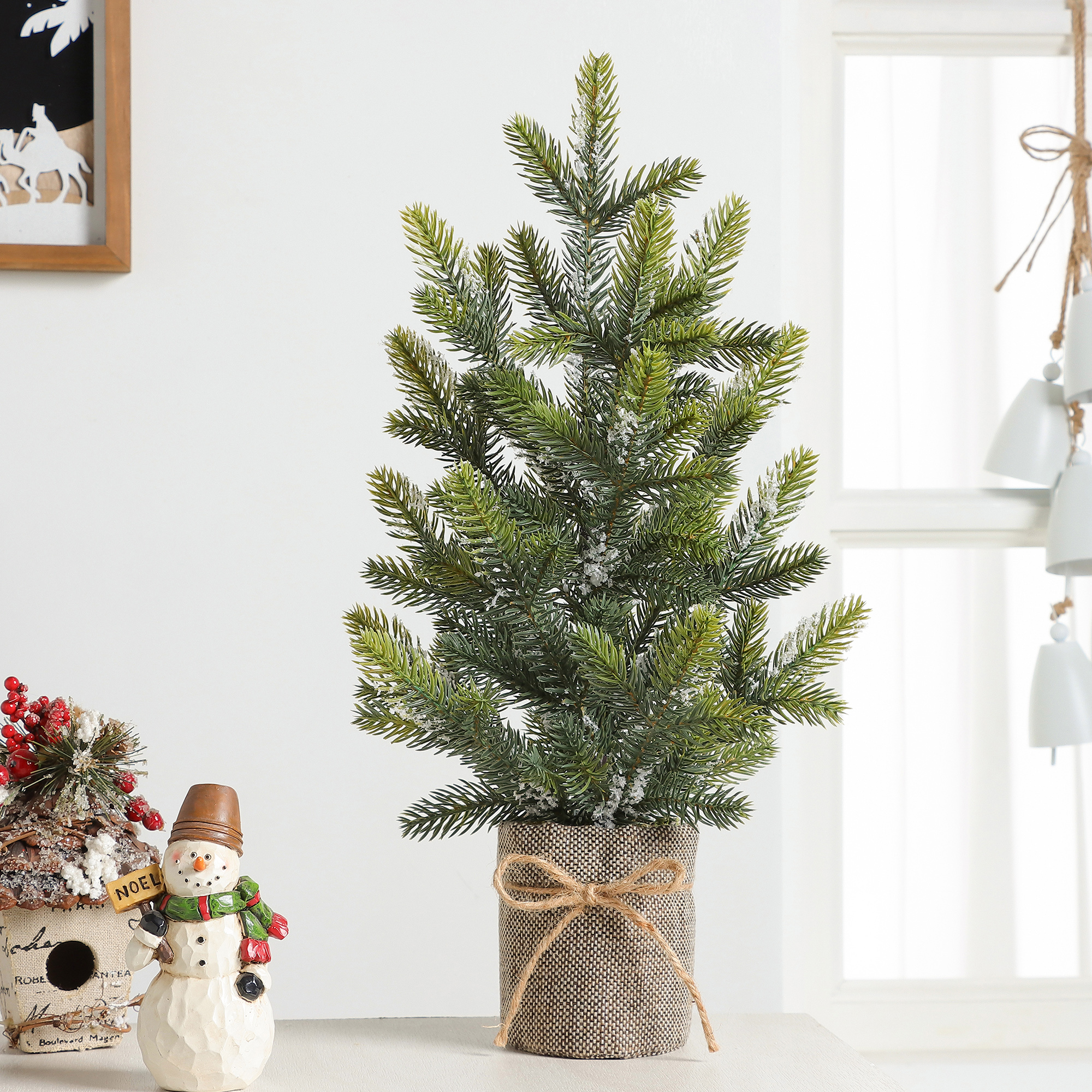 HOLIDAY TIME 18 Inch Flocked Mini Burlap Base Christmas Tree, 55% PP 15% Iron 5% Polystyrene Foam 20% Cement 5% Fabric Tabletop Decor