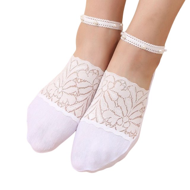 1 Paire de Femmes Dentelle Chaussette Conception Simple Solide Demi Chaussette Couleur Perle Chaussettes Courtes Banquet Voyage Randonnée Été Printemps Bonneterie Blanc