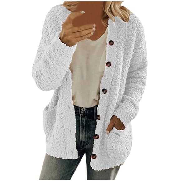 fartey Womens Fuzzy Sherpa Hooded Cardigan Coat Winter Double Fleece Open Front Jacket Coat Plush Warm Plus Size Button Down Outwear, S-5XL