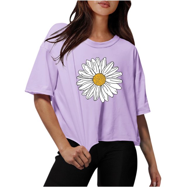 Women Drop Shoulder Round Neck Oversized Crop Tops Workout Tops Tees