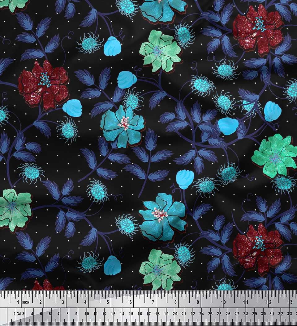 Soimoi polyester Crepe Fabric Dot,Leaves & Flower Print Fabric by The Yards 42 Inch Wide
