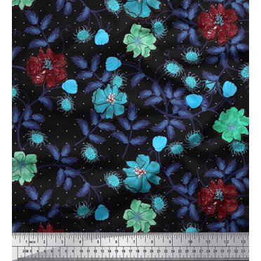 Soimoi Crepe Silk Fabric Dot,Leaves & Flower Print Fabric by The Yard 42 Inch Wide