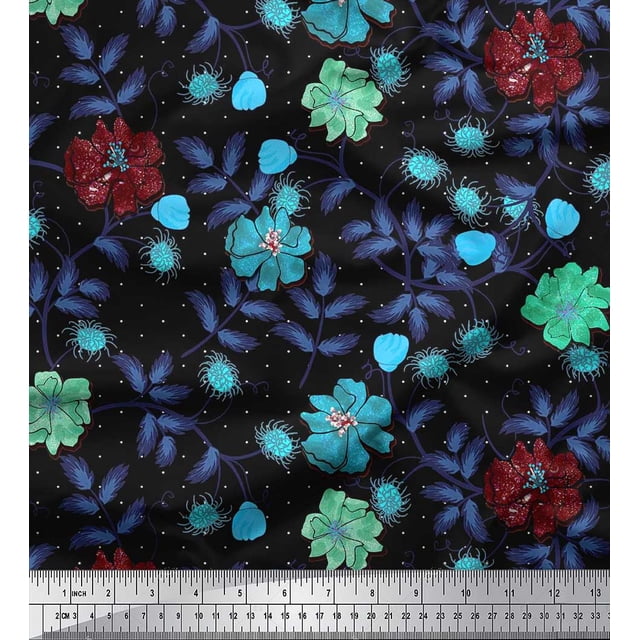Soimoi Moss Georgette Fabric Dot,Leaves & Flower Print Fabric by Yard 42 Inch Wide
