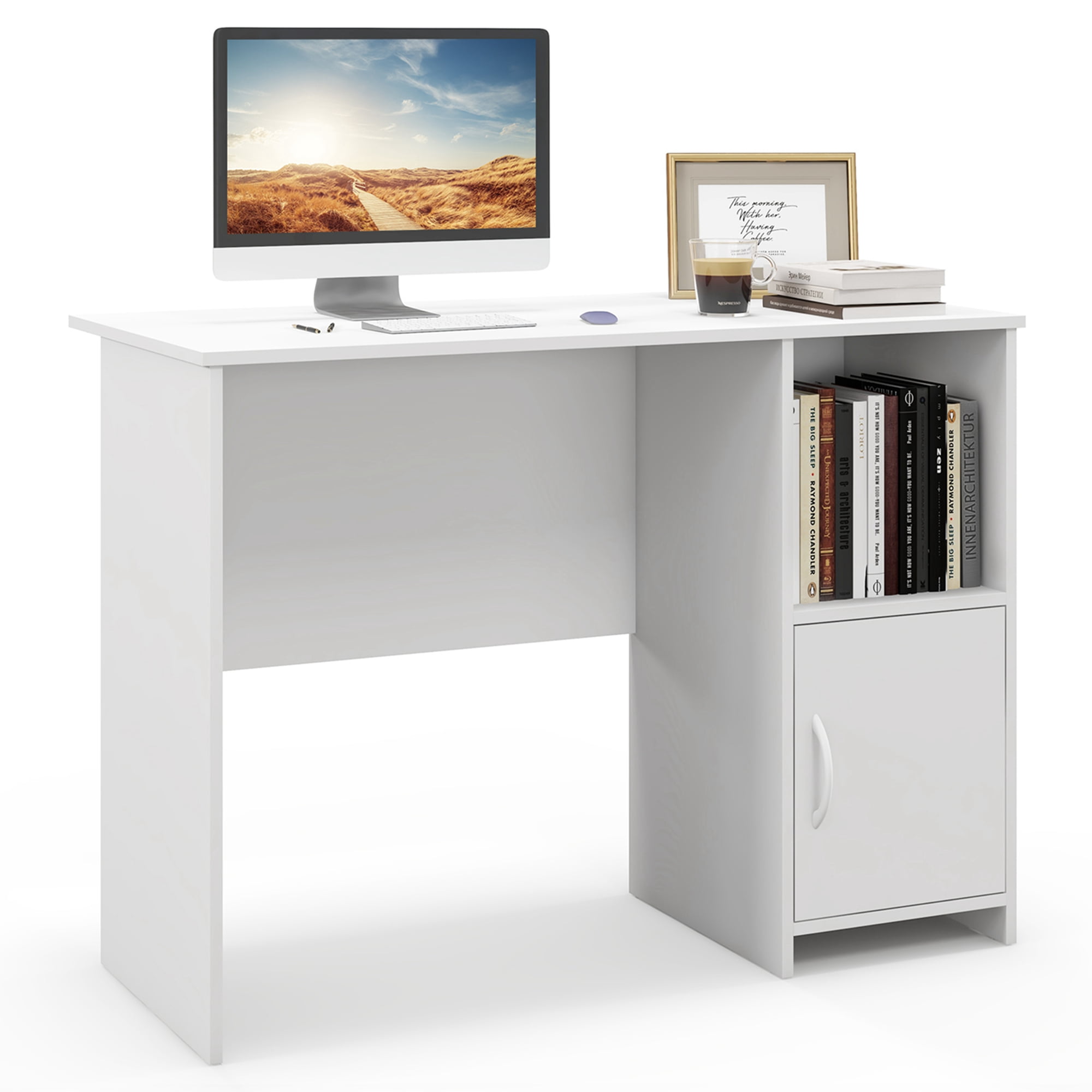 Costway Modern Computer Desk with Cabinet Cable Holes & Open Shelf Storage for Home Office