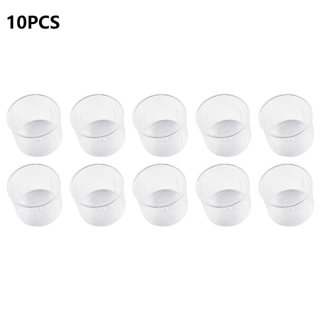 Bgsha Measuring Cups Plastic Liquid Measuring Cups, a set of 10 transparent plastic graduated cups with double-scale markings for 15ml and 30ml measurements. Made of lightweight, durable plastic, these cups are ideal for measuring small amounts of liquids in kitchens or laboratories. Each cup features clear, easy-to-read scales and compact dimensions of approximately 1.1x1.3x1.5 inches for 15ml and 1.4x1.2x1.5 inches for 30ml. Suitable for cooking, medicine, or sample preparation.