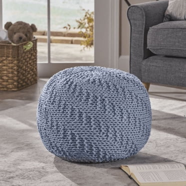 Noaman Pouf Ottoman en Coton Tricoté Sarcelle - Repose-Pieds Rond de 20 Pouces avec Remplissage de Billes de Polystyrène, Déco Moderne pour Salon