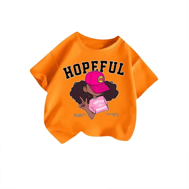T-shirts Filles Été Cool Imprimé Graphique Col Rond Manches Courtes Décontracté Hauts Orange 5-6 Ans