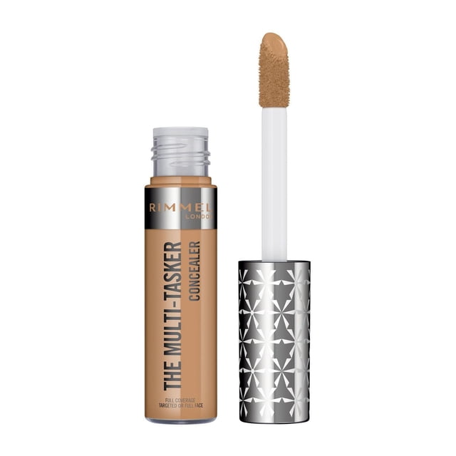Rimmel Multi-Tasker Concealer with large soft wand, beige liquid in clear tube with black and silver star-patterned cap, offering full coverage to conceal blemishes and brighten dark circles, crease-proof, transfer-proof, and waterproof formula suitable for targeted or full-face application.