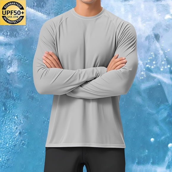 Men's UPF 50+ Sun Protection Long Sleeve Shirt - Breathable Moisture Wicking Athletic Top with Hood for Outdoor Sports