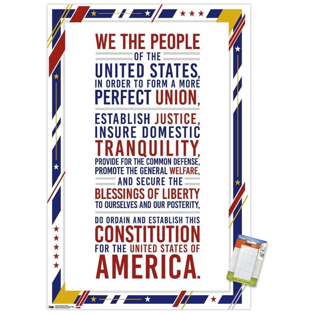 Les États-Unis d'Amérique - Affiche Murale du Préambule Constitution, 22,375 Pouces x 34 Pouces, Affichant le Texte du Préambule en Typographie Rouge et Bleue Encadré d'Une Bordure Patriotique avec des Étoiles et des Rayures en Rouge, Bleu, Blanc et Jaune, Imprimé sur Papier Brillant avec Supports Adhésifs, Convient à la Décoration Murale de la Maison Ou du Bureau.