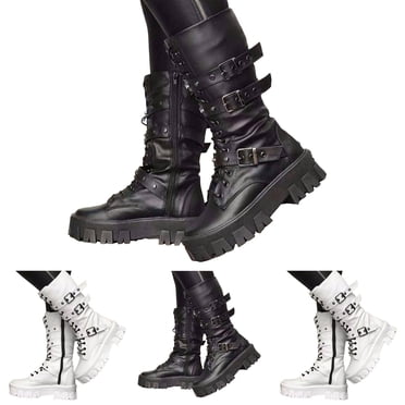 Dakaela Bottes Gothiques à Plateforme Noires pour Femmes, Bottes de Combat Mi-Mollet à Boucle, Fermeture Éclair Latérale, Bottillons de Moto/cycliste Noirs 7