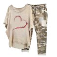 thumbnail image 1 of Mikilon Ensemble de Détente Confortable pour Femmes 2 Pcs Imprimé Décontracté Manches Moyennes Col Rond + Pantalon Khaki-E S, 1 of 6