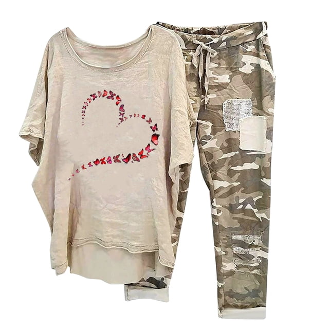 Mikilon Ensemble de Détente Confortable pour Femmes 2 Pcs Imprimé Décontracté Manches Moyennes Col Rond + Pantalon Khaki-E S