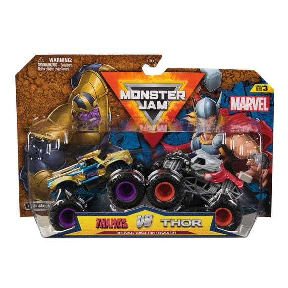 Monster Jam, Marvel Official Thanos Vs. Thor Die-Cast Monster Trucks, 1:64 Scale, Kids Toys for Boys and Girls Ages 3 and up
