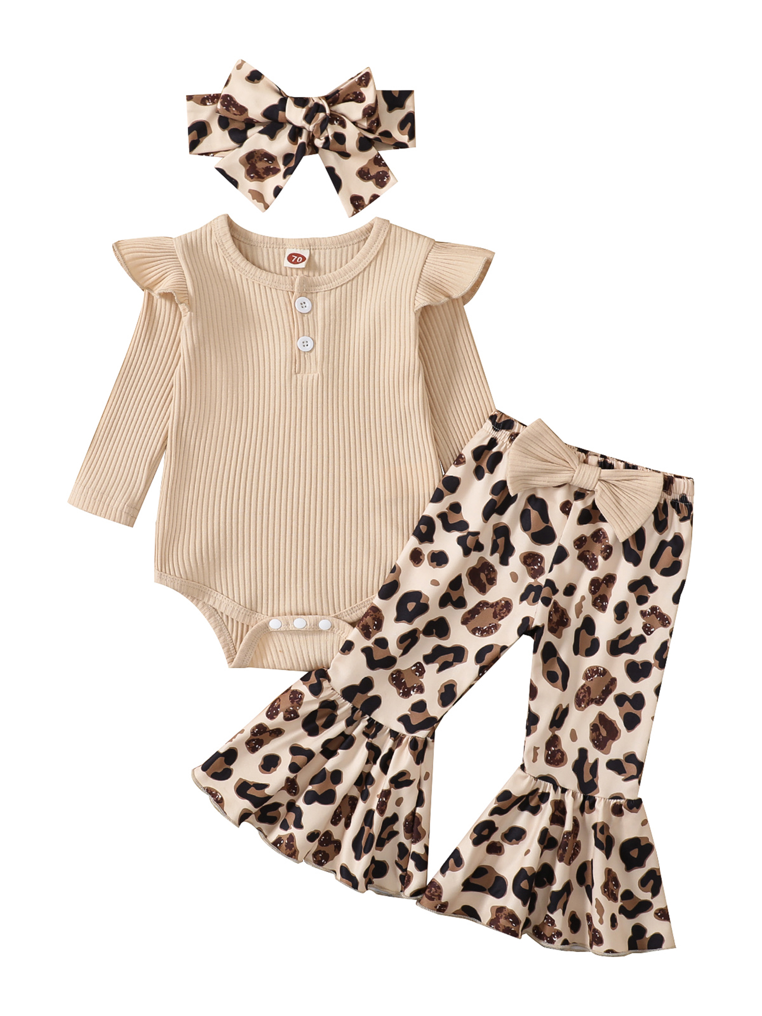 Faithtur Infant Baby Girls Autumn Jumpsuit, Solid Color Ribbed Fly Sleeve Round Neck Romper + Leopard/Cow Flare Pants