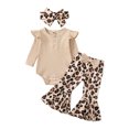 thumbnail image 1 of Faithtur Bébé Filles Combinaison d'Automne, Couleur Unie Nervuré Mouche Manches Col Rond Romper + Léopard/vache Pantalon Flare, 1 of 9