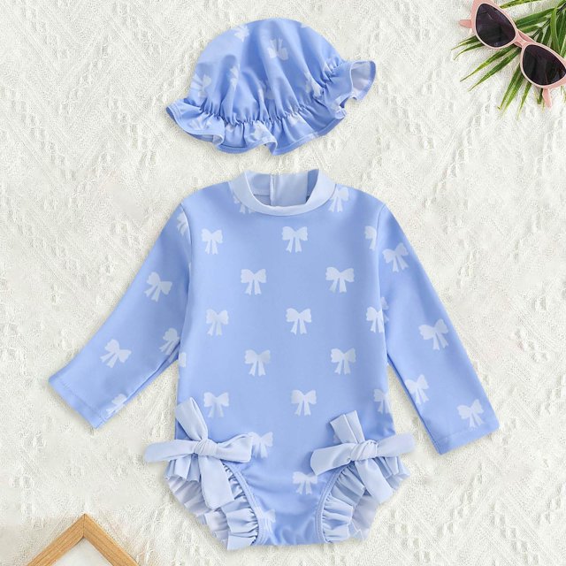 Toddler Girls Rash Guard Swimsuits Flounce Printed Long Sleeve Sun Protection Summer Bathing Suits 12-18 Months Girls Clothing